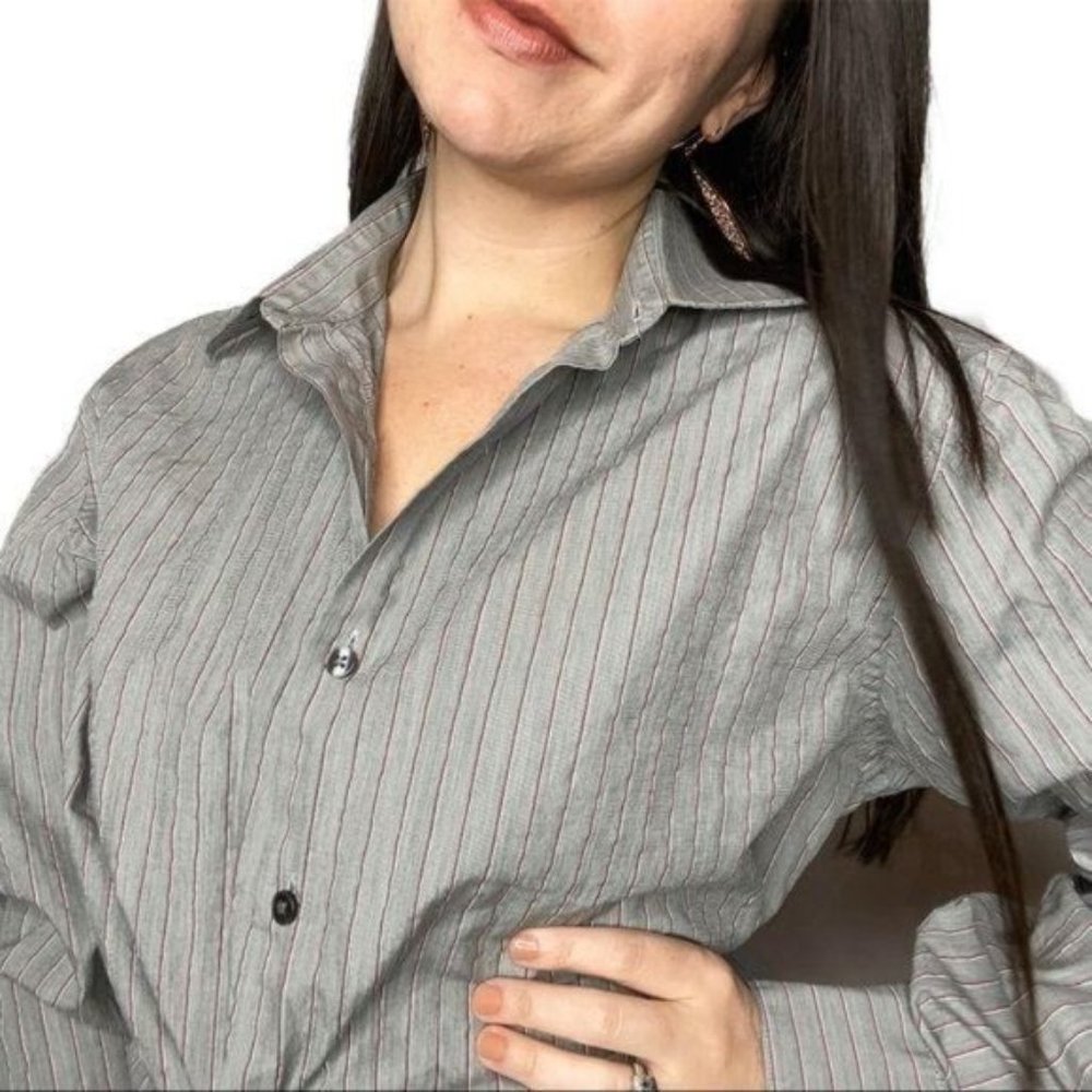 Y2K DKNY Slim Fit Button Down Blouse striped gray - Picture 3 of 12